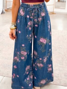 Wide Leg Floral Denim Pants - Pink Floral on Blue